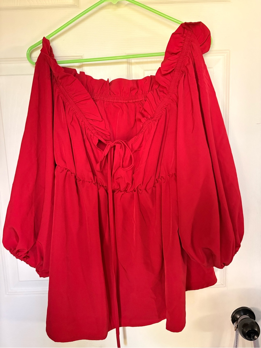 SHEIN Bold Red Ruffle Peasant Blouse with Tie